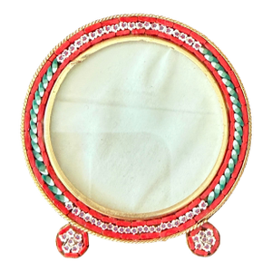 Vintage Italian Micro Mosaic Mini Picture Frame Millefiori Red Green Floral Mosaic Round Gold Tone Frame