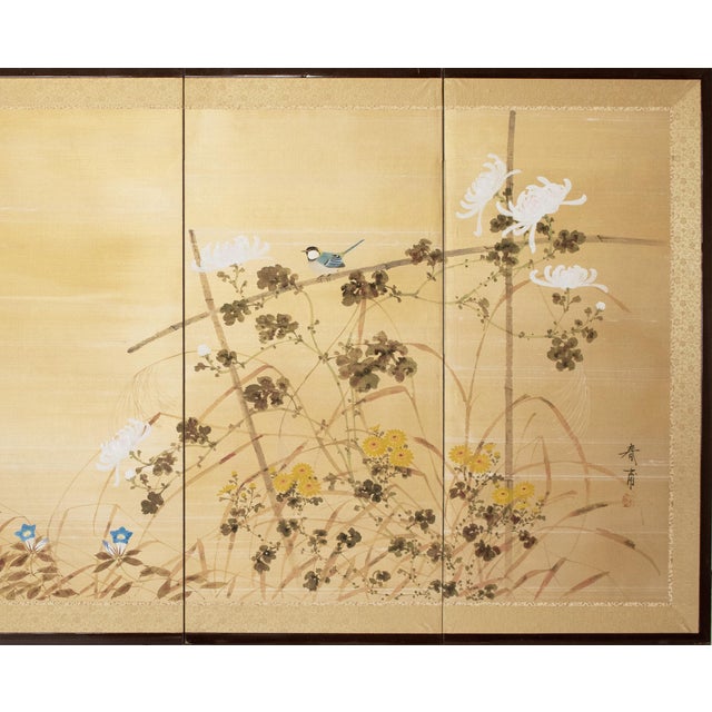 Japanese "Tit and Chrysanthemums", Showa Era Japanese Painted Silk Bybu Screen For Sale - Image 3 of 18