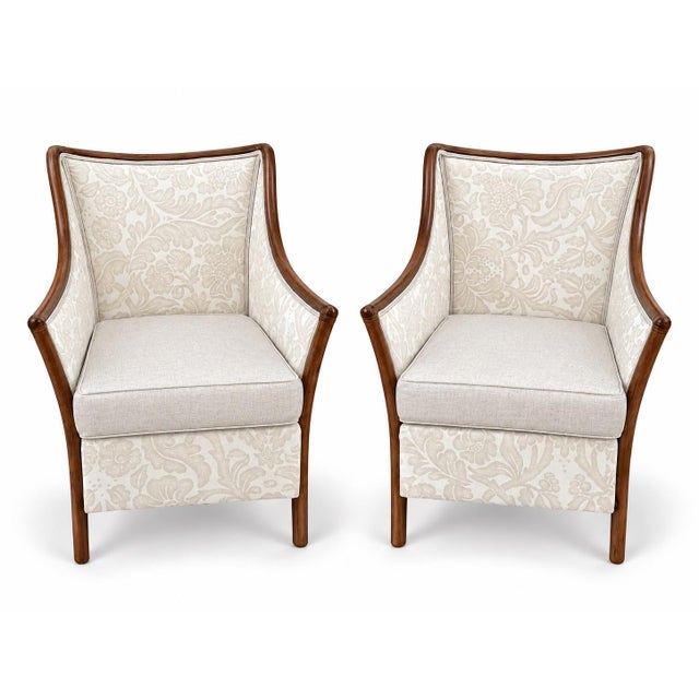 Contemporary McGuire Style Rattan Armchairs, Walnut Finish and Neutral Upholstery, a Pair For Sale - Image 3 of 8
