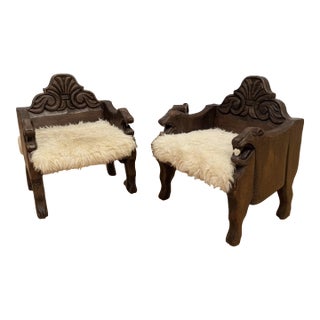 Early 20th Century Mexican Hand Carved Solid Wood Lion Chairs With Sheepskin Cushions For Sale