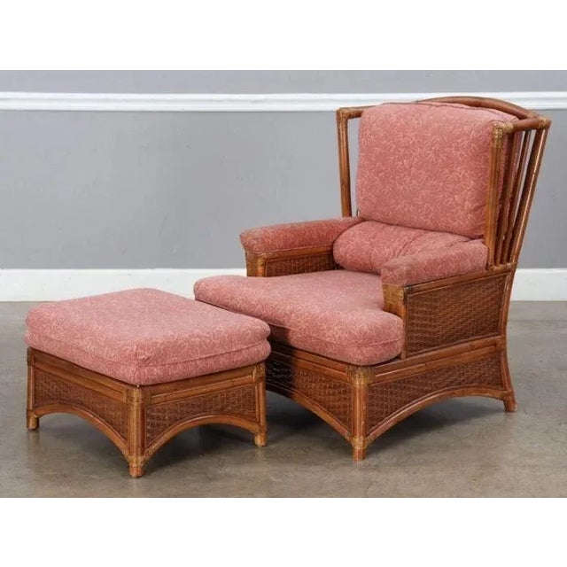 Late 20th Century Set of 2 Lane Venture Upholstered Rattan Armchair With  Matching Ottoman | Chairish