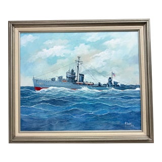 Vintage Original A. Sundal u.s. Navy Battle Ship Boat Seascape Oil Painting 93 For Sale