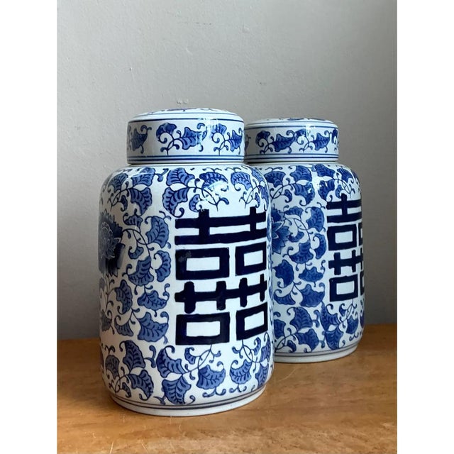 Blue Vintage Asian Double Happiness Lidded Urns - A Pair For Sale - Image 8 of 13