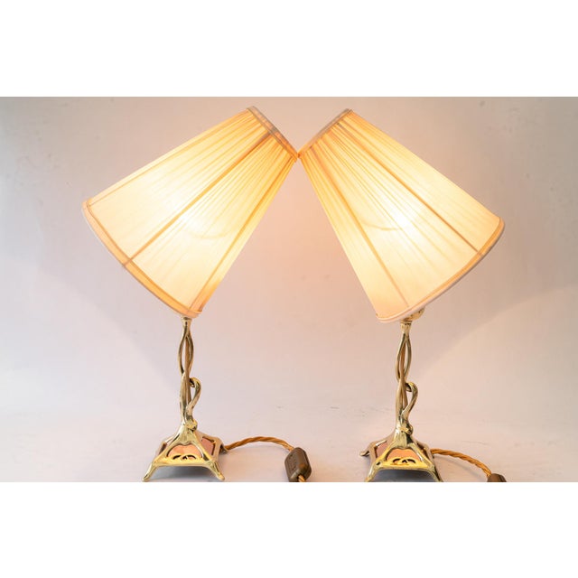 Jugendstil Brass Table Lamps with Fabric Shades, Vienna, Austria, 1908, Set of 2 For Sale - Image 16 of 18