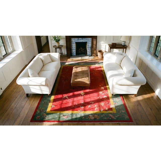 1920s Red Floral Antique Chinese Art Deco Rug 9' X 11'8" Handknotted Wool Carpet For Sale - Image 9 of 10