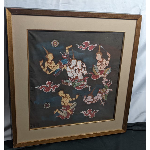 Late 20th Century Pair of Thai Celestial Figure Paintings on Fabric, Gilt Frames For Sale - Image 4 of 14