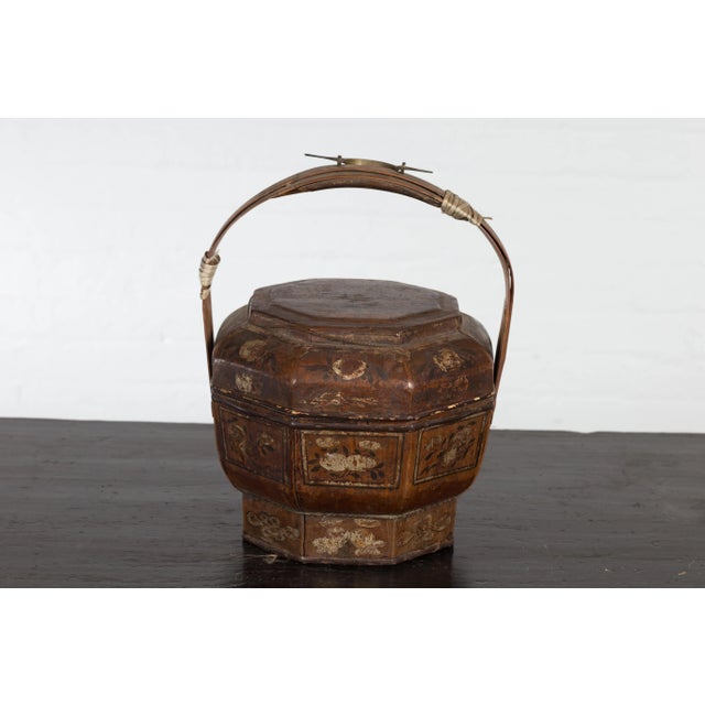 Chinese Antique Lacquered Gift Delivering Basket with Hand Painted Floral Décor For Sale - Image 4 of 13