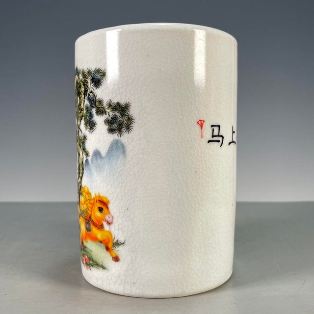 Crackle Glaze Porcelain Brush Pot With Figure on Horseback For Sale In Los Angeles - Image 6 of 9