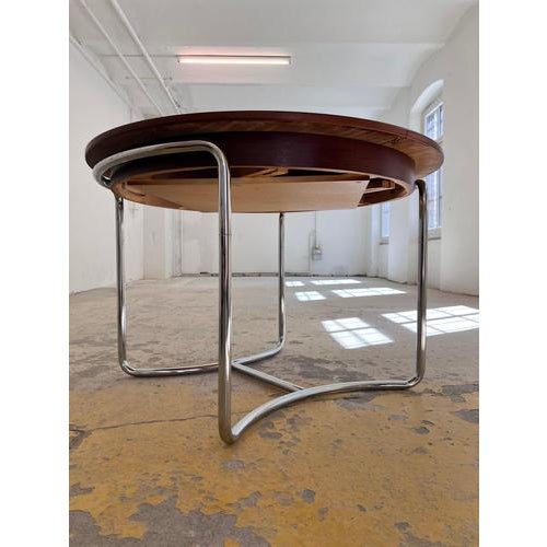 Wood Round Dining Table in Chrome and Walnut Finish For Sale - Image 7 of 11