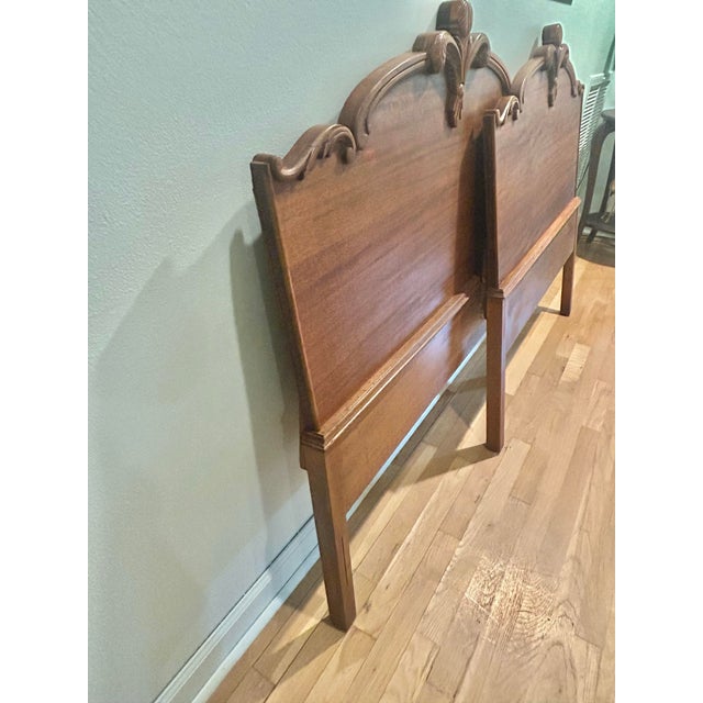 Brown 1940’s French Provincial Louis XV Style Walnut Twin Headboards With Carved Crest - A Pair For Sale - Image 8 of 12