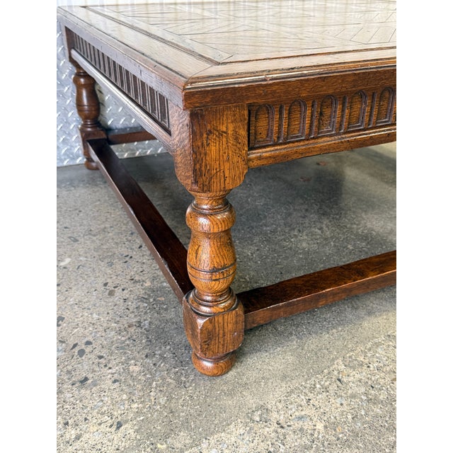 Jacobean Late 20th Century Parquet Top Rustic Oak Jacobean Coffee Table For Sale - Image 3 of 10