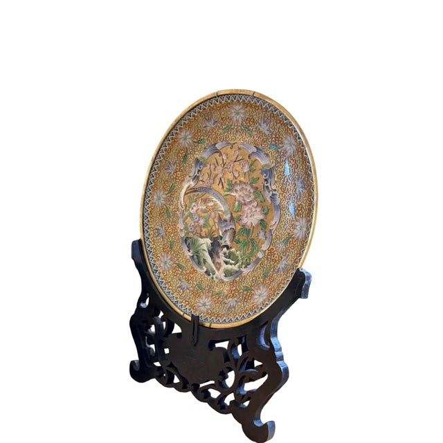 Late 20th Century Large Antique Japanese Cloisonné Enamel on Brass Charger With Carved Wood Stand - 20" For Sale - Image 5 of 8