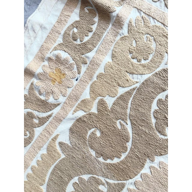 Neutral Tan Uzbekistan Suzani Embroidered Wall Hanging 4' X 4'9'' For Sale In New York - Image 6 of 9
