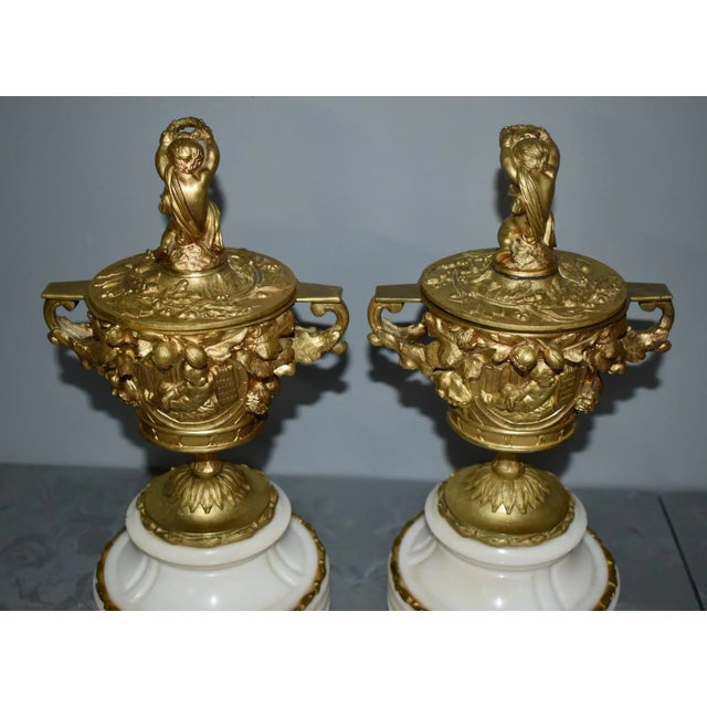 Antique French Cassolette Urns 1880s Gilt Bronze Cherub Marble Vases Lids Pair For Sale - Image 11 of 12