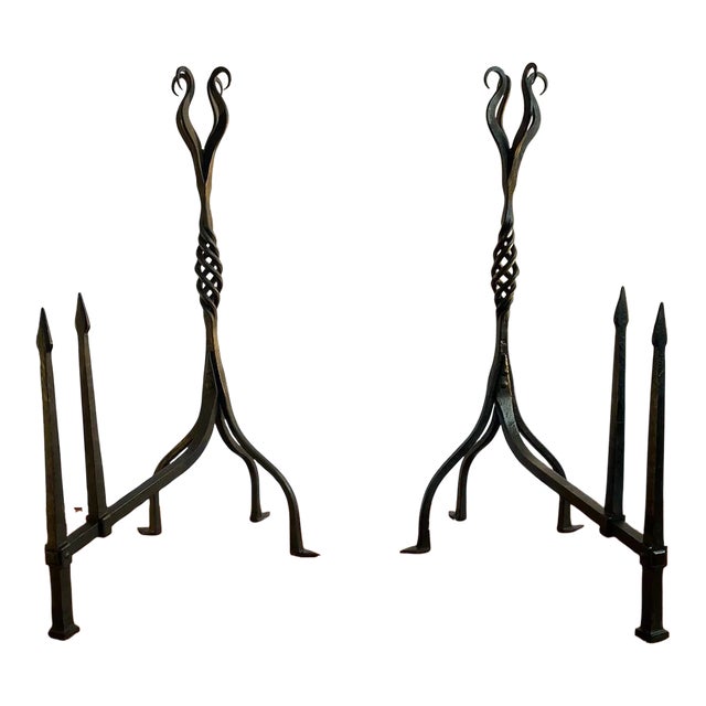 Hand-Forged Wrought Iron Andirons, a Pair For Sale
