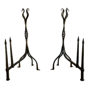 Hand-Forged Wrought Iron Andirons, a Pair
