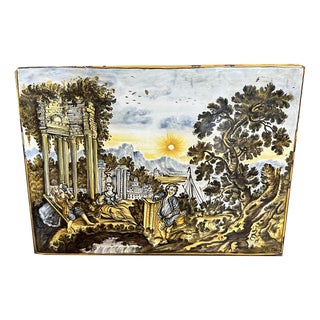 Castelli Majolica Tile Depicting a River Landscape with Architectural Ruins, Boats and Figures in the Foreground, 1970s For Sale