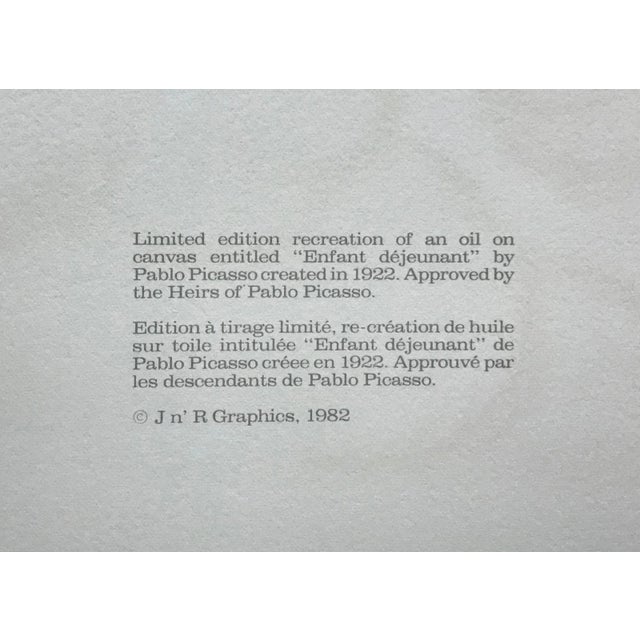 Cubism "Enfant Deieunant" 1980s Pablo Picasso Estate Lithograph For Sale - Image 3 of 3