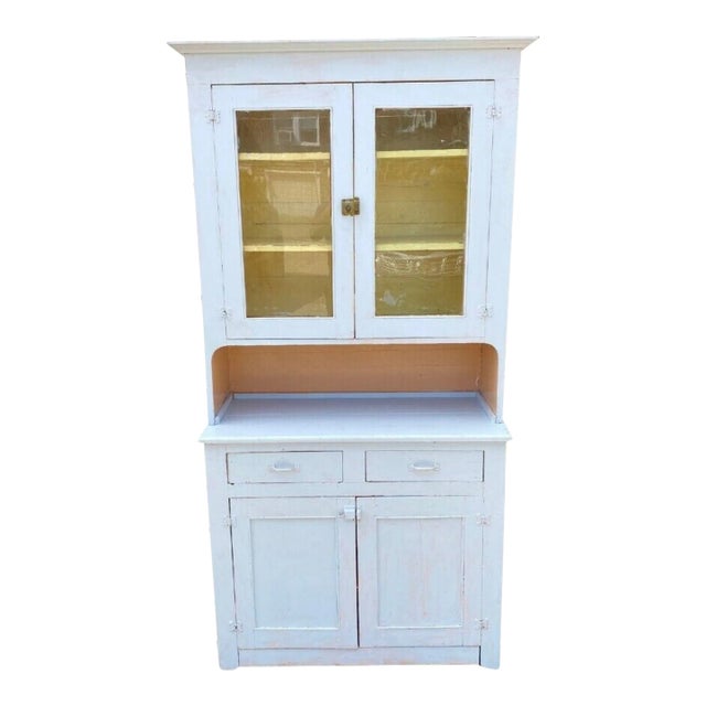1900s Antique Country Farmhouse White Painted 2 Piece Step Back Hutch Kitchen Cupboard For Sale