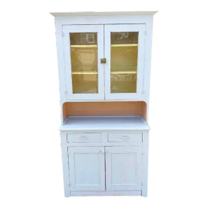 1900s Antique Country Farmhouse White Painted 2 Piece Step Back Hutch Kitchen Cupboard