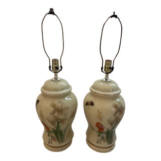 Vintage Porcelain Chinese Ginger Jar Lamps Hand Painted Large - a Pair For Sale