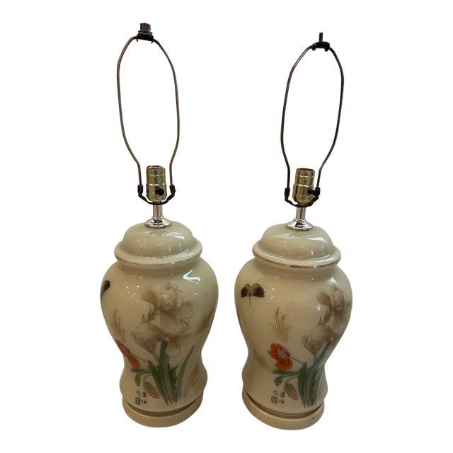 Vintage Porcelain Chinese Ginger Jar Lamps Hand Painted Large - a Pair For Sale