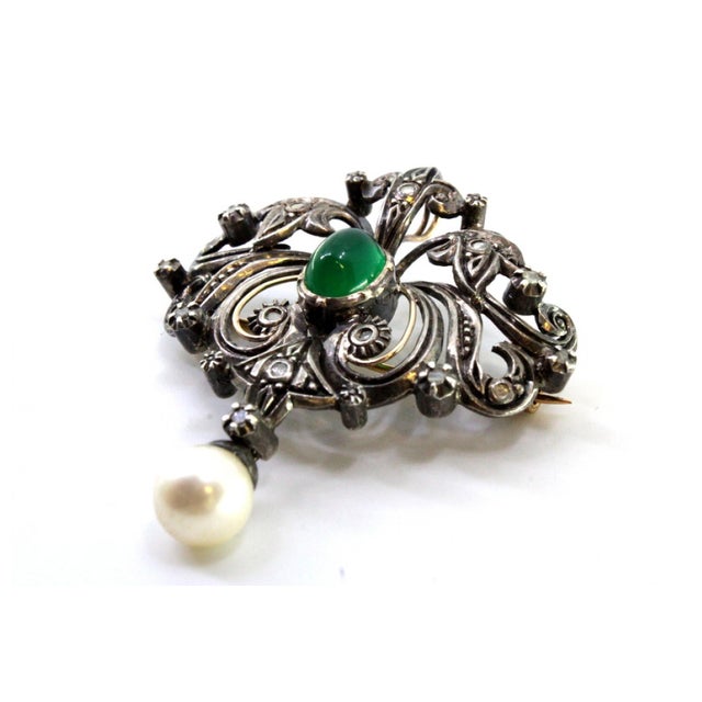 Gold Gold and Silver Brooch with Diamond Chips, Faux Pearl and Central Synthetic Cabochon For Sale - Image 8 of 9