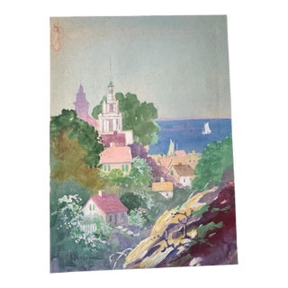 Mid 20th Century K Noland Original Watercolor Painting Provincetown Ma Coastal Harbor Signed 4x6 For Sale