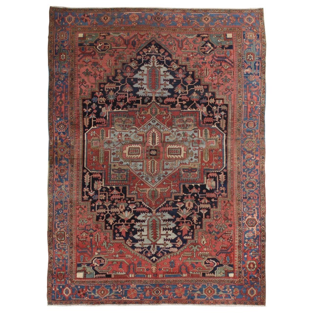 Antique Persian Heriz Carpet Handmade Wool Oriental Rug, Rust, Navy, Light Blue For Sale - Image 18 of 18