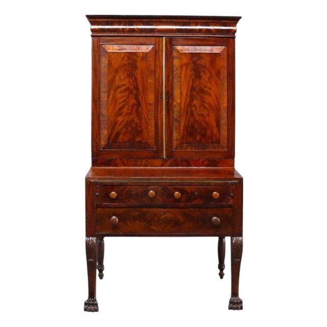 American Empire Classical Flame Mahogany Clawfoot Secretary Desk C1840 For Sale