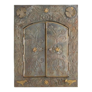 Vintage Mexican Folk Art Punched Tin “Hojalata” Mirror W/ Brass Accents For Sale