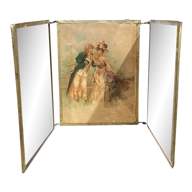 Antique Triptych Standing Mirror in Chiseled Brass — Three-Panel, Circa 1900 For Sale