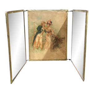 Antique Triptych Standing Mirror in Chiseled Brass — Three-Panel, Circa 1900