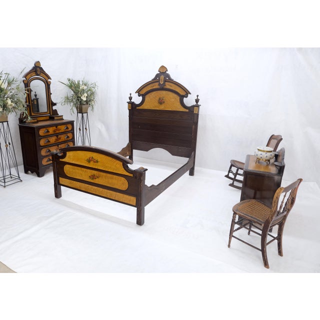 Brown Victorian Painted Bedroom Dresser Mirror King Bed Headboard Rocking Chair Set For Sale - Image 8 of 18