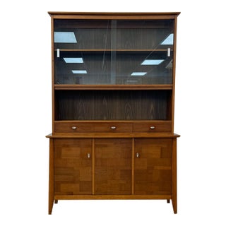 Vintage Hutch by Paine Furniture MCM China Cabinet, Parquet Doors, Glass Sliding For Sale