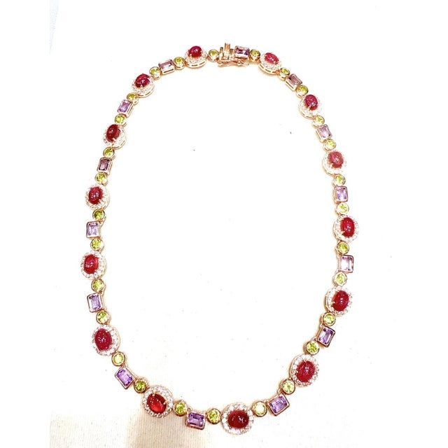 Bochic “Capri” Vintage Ruby, Amethyst, Peridot Necklace In 18K Gold & Silver For Sale - Image 11 of 14