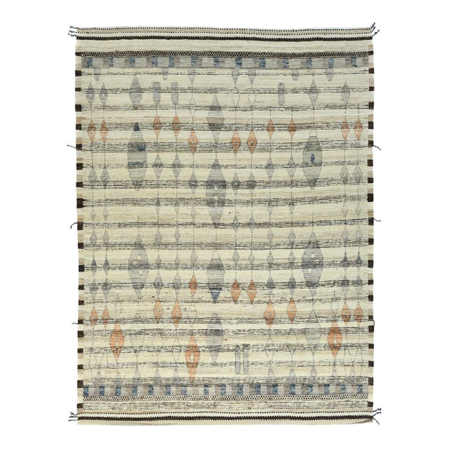 9 X 12 Contamporary Moroccan Style Beige Wool Rug With Geometric Design For Sale