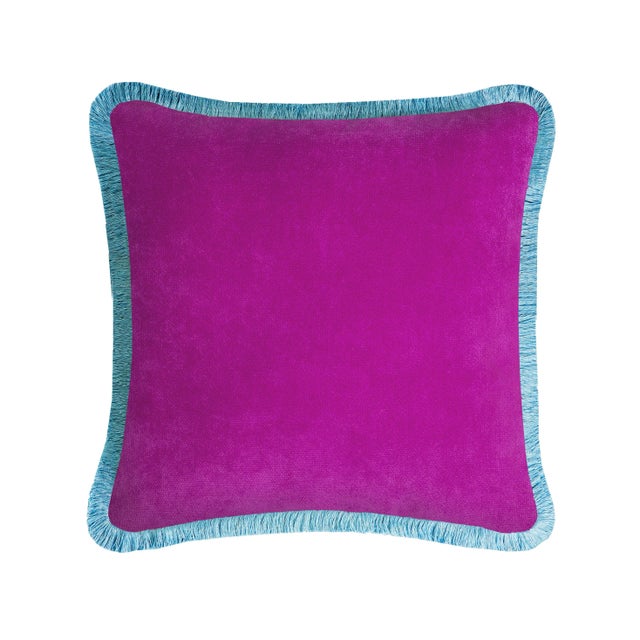 Contemporary Happy Cushion Cover in Velvet Fuchsia with Light Blue Fringes For Sale - Image 3 of 3
