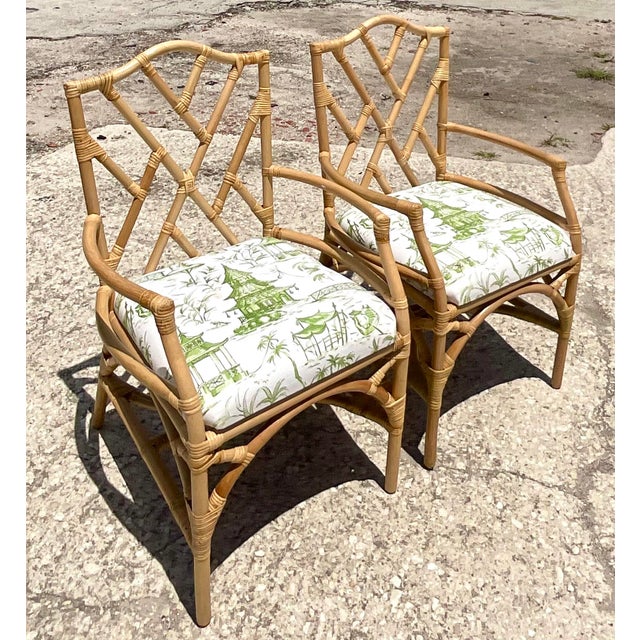 Late 20th Century Vintage Coastal Chinese Chippendale Rattan Armchairs – A Pair For Sale - Image 5 of 12