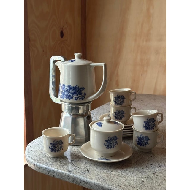 Metal Vintage Blue Floral Espresso Service from Krone Porzellan, 1950s, Set of 7 For Sale - Image 7 of 14