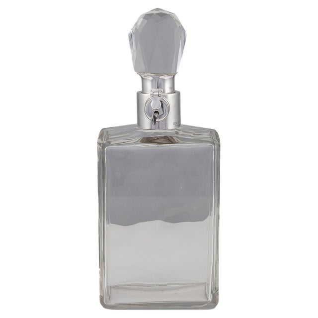 20th Century English Solid Silver & Glass Spirit Decanter with Lock & Key, 1928 For Sale