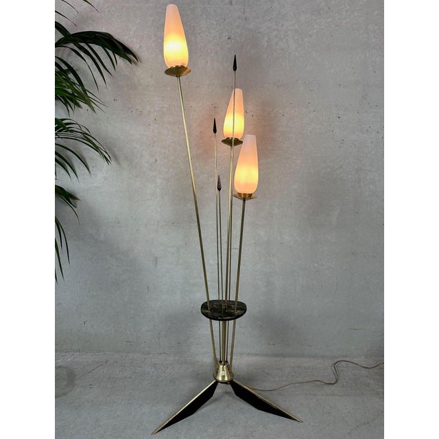 Elegant vintage brass floor lamp by rené mathieu for lunel from the 1950s. The original steel tripod with brass details...