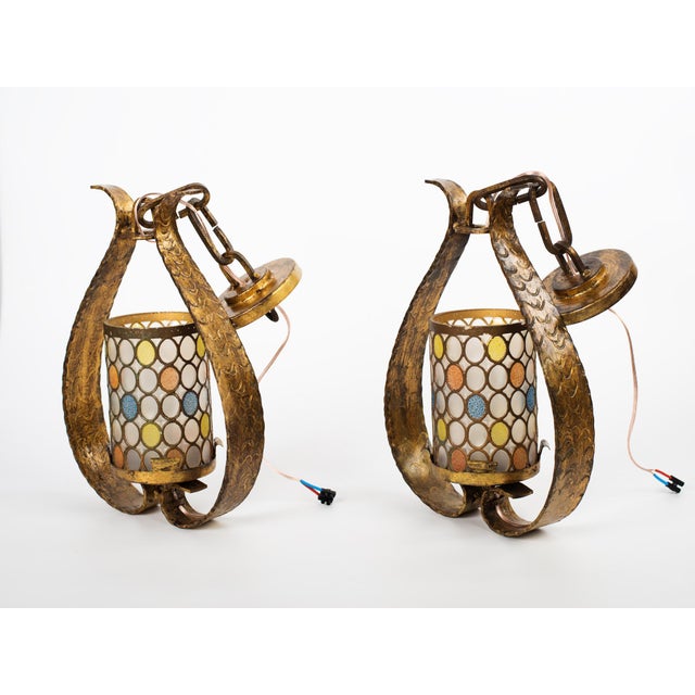 Metal 1950s Spanish Gilt Wrought Iron Lantern Pendants – Neoclassical Mid-Century Modern Ceiling Lights, Pair For Sale - Image 7 of 15