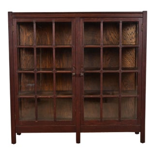 Stickley Brothers Style Antique Mission Oak Arts & Crafts Glass Front Bookcase Cabinet, Circa 1900 For Sale