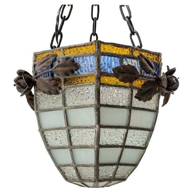 French Art Deco Ceiling Lamp in Lead and Textured Glass, 1930s For Sale - Image 15 of 15