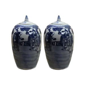 Lot of 2 Blue White Small Oriental Graphic Porcelain Point Lid Jars