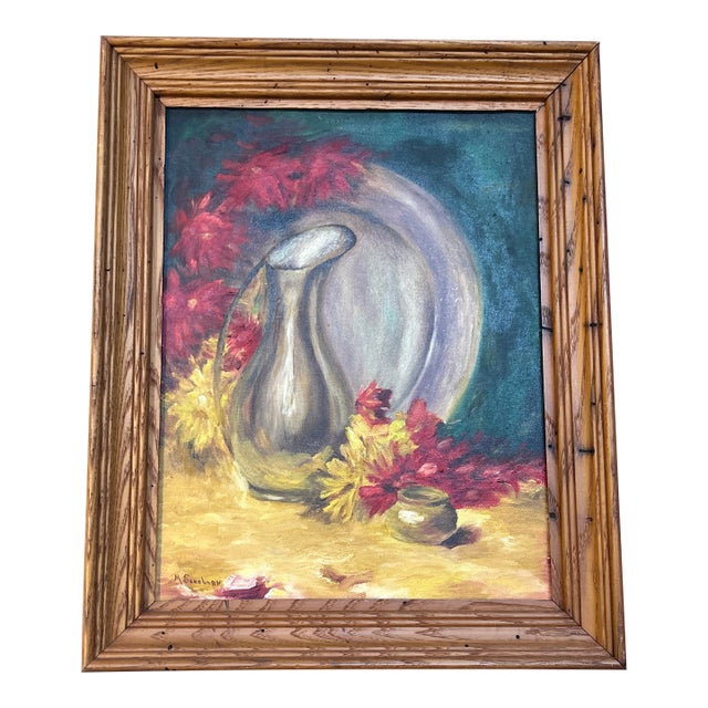 1970’s Original Still Life With Pitcher and Flowers on Canvas For Sale