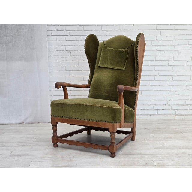 Vintage Danish Wingback Lounge Chair in Furniture Velour and Oak, 1960s For Sale - Image 4 of 18