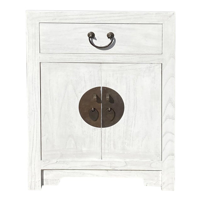 Oriental Distressed Off White Lacquer End Table Nightstand Cabinet For Sale