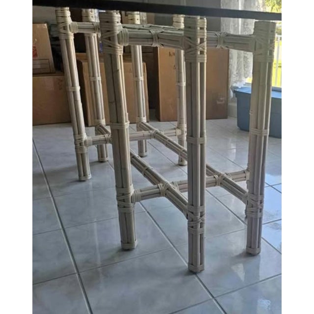 McGuire Baker, McGuire Attributed 6 Person Bamboo Dining Table With Glass Top. White Bamboo Rattan Base With Thick Beveled Glass Top. Fits All Decor Styles. For Sale - Image 4 of 6